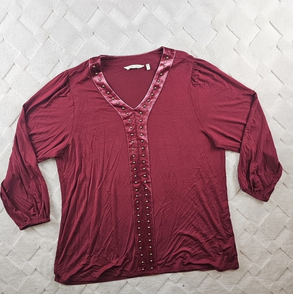 Soft Surroundings Blouse Womens 2X with Studded Detail Velour Trim Burgundy
